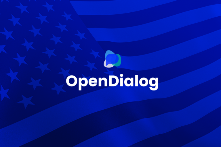 OpenDialog logo on a US flag, marking the formation of OpenDialog AI Incorporated in the USA