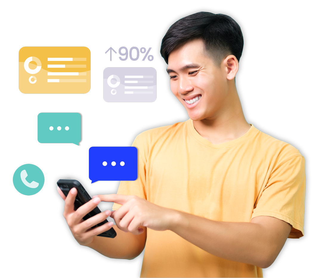 Automation software represented by Asian male with phone and chat and data icons