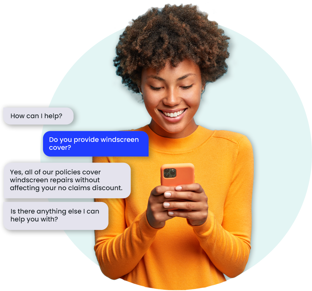 Insurance automation represented by female messaging AI assistant about windscreen cover