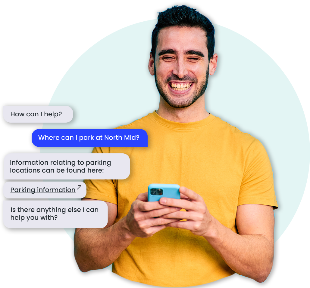 Healthcare automation represented by male messaging AI assistant about hospital parking